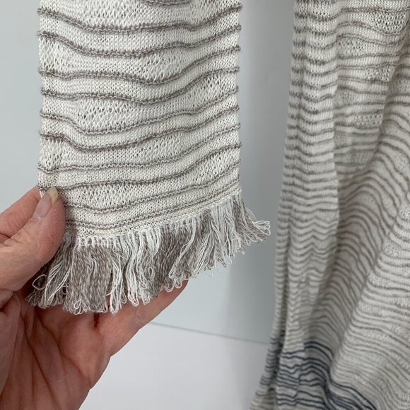NIC+ZOE Open front cardigan sweater textured fringe gray white stripe linen XS - Picture 4 of 5